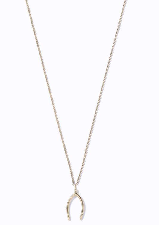 Gold wishbone pendant necklace on a white background